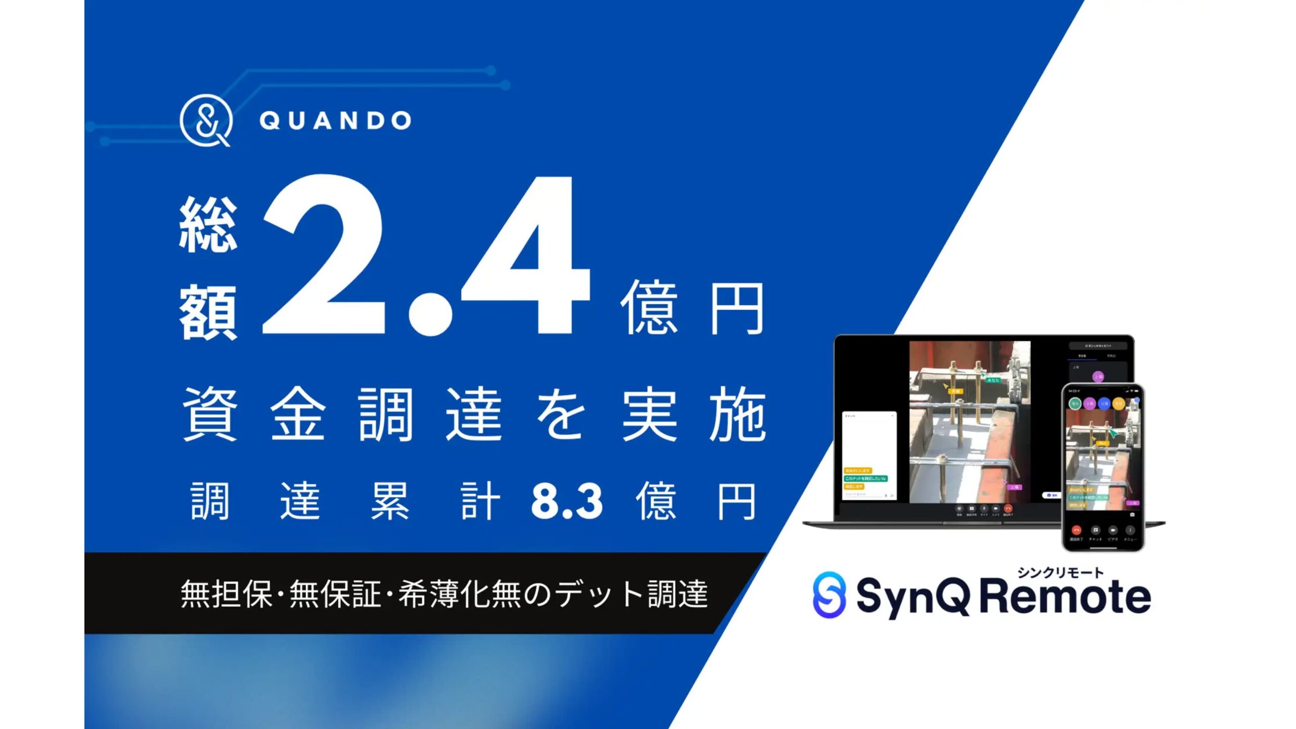 建設現場や製造現場等の現場に特化したビデオ通話ツールSynQ Remoteを開発提供する株式会社クアンド、総額2.4億円の資金調達を実施